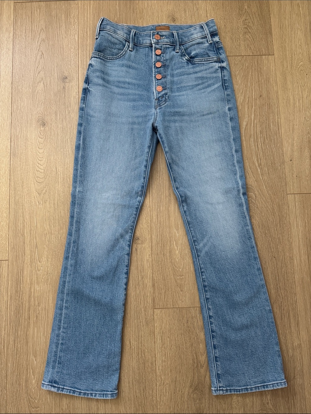 MOTHER Light Blue Pixie Hustler Ankle High-Rise Button-Fly Flare Jeans